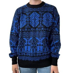 Vintage Mens Obermeyer Blue Geometric Retro Snowflake Wool Blend Ski Sweater